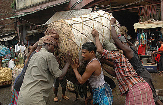劳工,拿,重,篮子,市场,加尔各答,印度,九月,2007年