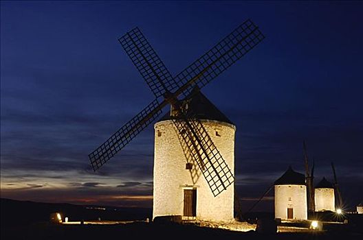 风车,夜晚,卡斯蒂利亚,拉曼查,普罗旺斯,西班牙