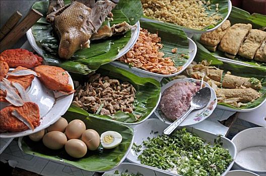 小吃摊,水上市场,丹能沙朵水上市场,西南方,曼谷,泰国,亚洲