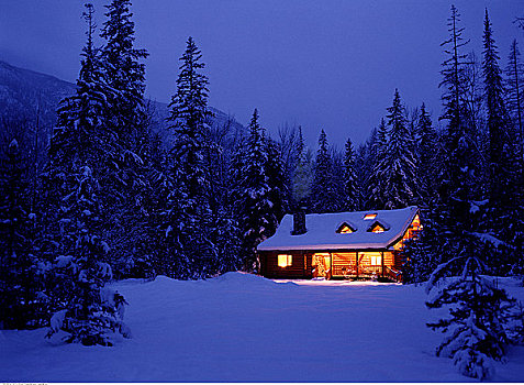小屋,冬天,夜晚,靠近,金伯利,不列颠哥伦比亚省,加拿大