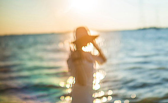 模糊,风景,女人,帽子,海洋,日落