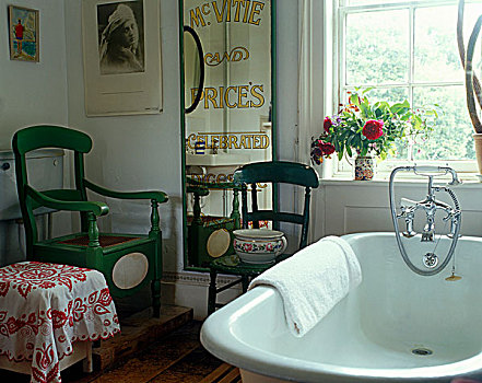 浴室,田园装饰风格,绿色,木椅