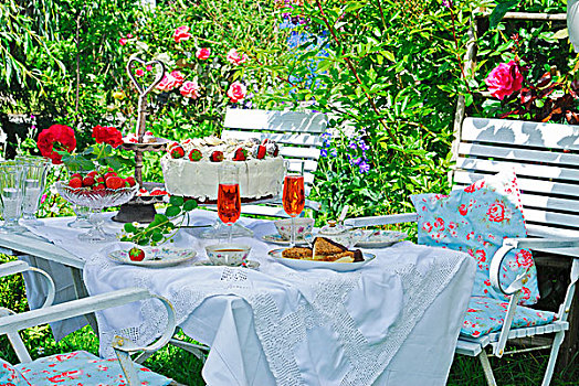 浪漫,茶几,草莓蛋糕,夏天,花园