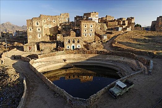 历史,蓄水池,正面,老,石头,房子,乡村,也门,阿拉伯,中东