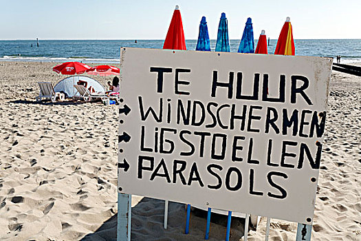 手写,标识,荷兰,太阳椅,遮阳伞,租赁,韦斯特克白拉,半岛,省,荷比卢,欧洲