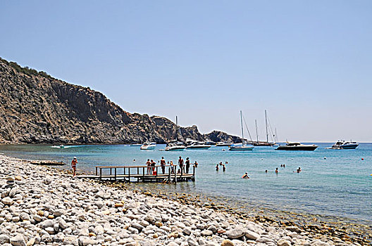 岩滩,码头,岩石海岸,圣荷塞,伊比萨岛,巴拉里奇岛,西班牙,欧洲