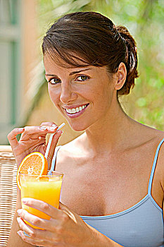女人,玻璃杯,新鲜,橙汁