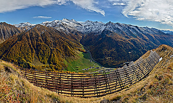 阿尔卑斯山,雪崩,护栏,秋天,冰河,后面,提洛尔,奥地利,欧洲