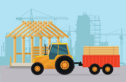 拖拉机,建筑,房子,拖车,木头,材质,起重机,水泥,高层建筑,结构,背景,公寓,设计,矢量,插画