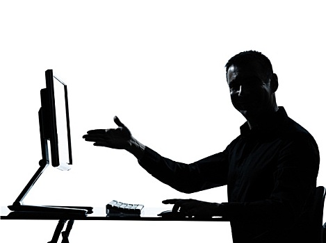 一个,商务,男人,剪影,电脑,计算,展示,手势