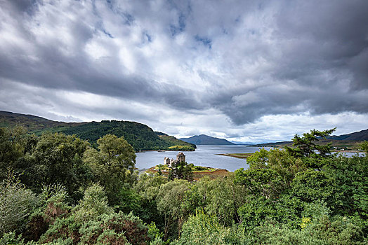 风景,俯视,杜希湖,艾琳多南古堡,多尼,西部,高地,苏格兰,英国,欧洲