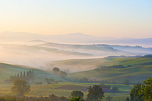 雾状,日出,山谷,托斯卡纳,意大利,欧洲