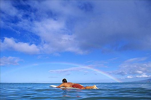 夏威夷,瓦胡岛,怀基基海滩,冲浪,涉水,室外,滑板,彩虹,拱形,上方,无肖像权