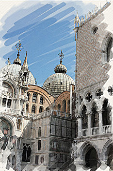 艺术,水彩,背景,纸,纹理,建筑,大教堂,威尼斯,意大利