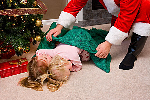 圣诞老人,放,毯子,上方,两个,睡觉,儿童