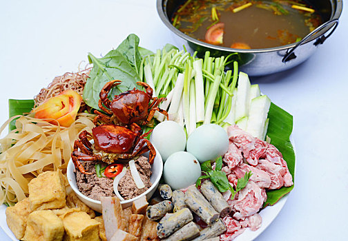 准备好,砂锅,越南,乡村,小,蟹肉,豆腐,细面条,鱼丸,猪肉