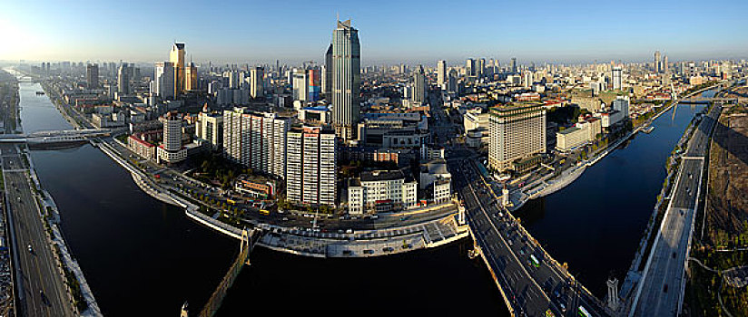 天津海河,大光明桥,小白楼地区鸟瞰