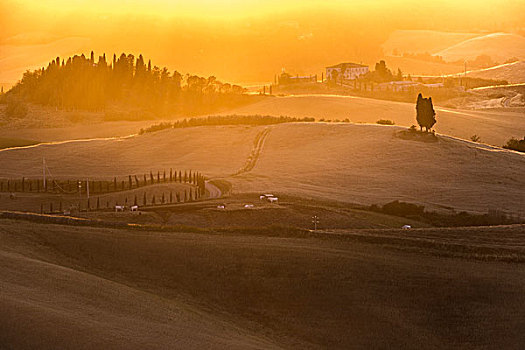 丘陵地貌,日落,托斯卡纳,意大利,欧洲