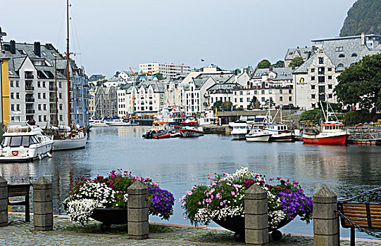 奥勒松,挪威,市区,靠近,码头,雕塑,景色,水,家,城市
