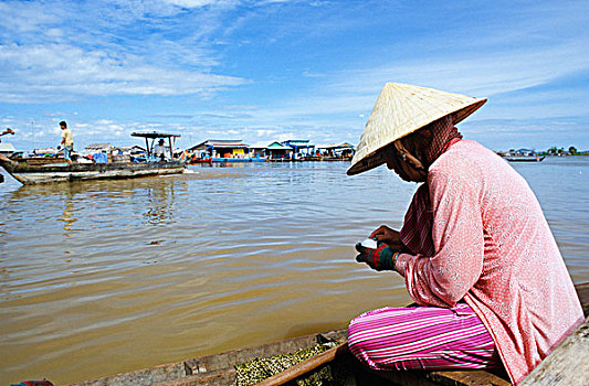越南人,女人,生活方式,一个,漂浮,乡村,树液,河,柬埔寨,东南亚