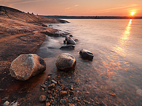 日出,红岩,岸边,乔治亚湾,安大略省,加拿大
