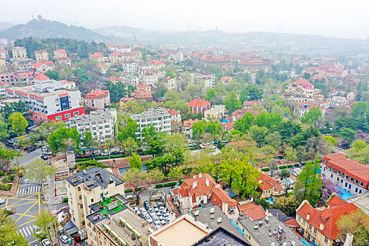 航拍山东青岛市南区城市红瓦绿树风光美景