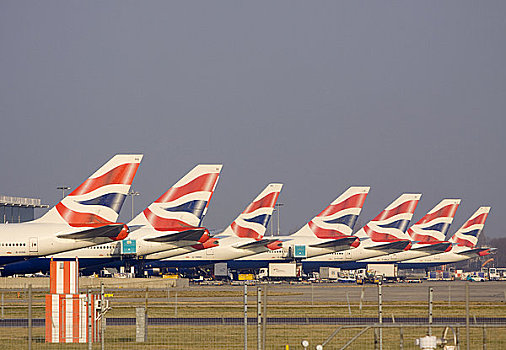 英格兰,伦敦,排,尾翼,英国航空公司,大型客机,喷气式飞机,户外,航站楼,机场