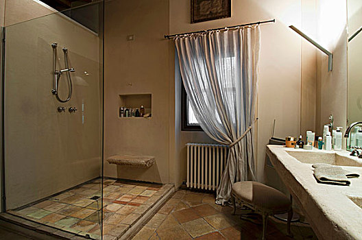 淋浴,玻璃,分隔,相对,砖石建筑,盥洗盆,乡村,浴室