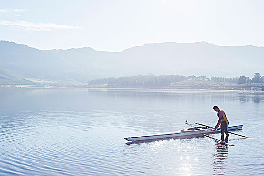 男人,放置,划船,短桨,湖