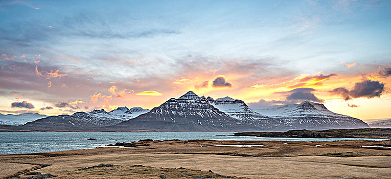 日落,上方,雪山,峡湾,东方,冰岛,欧洲