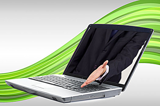 商务人士,室外,笔记本电脑,握手,绿色,摆动,背景