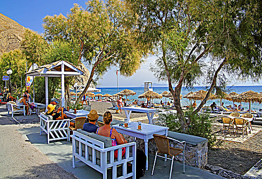 街头咖啡馆,海滩,散步场所,锡拉岛,基克拉迪群岛,爱琴海岛屿,爱琴海,希腊