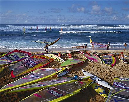夏威夷,毛伊岛,公园,世界,帆板运动,许多,彩色,帆,海滩,运动员,观众