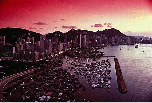 城市,港口,日落,香港