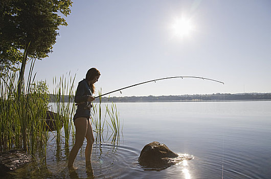 女人,钓鱼,湖