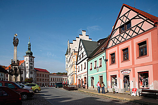 欧洲,捷克共和国,西波希米亚,城市,市场,广场,钟楼,市政厅,背景