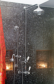 豪华,淋浴,房间,黑色,大理石,墙壁,时髦,设计