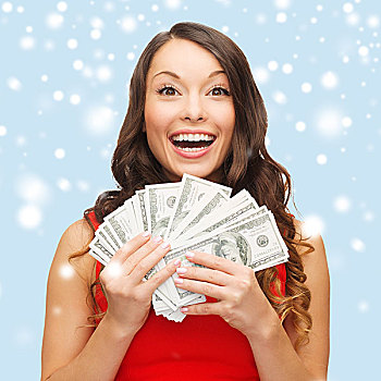 圣诞节,圣诞,销售,银行,概念,微笑,女人,红裙,美元,钱