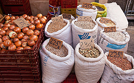 洋葱,干燥,豆类,市场,马略卡岛,巴利阿里群岛,西班牙,欧洲