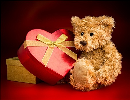 泰迪熊,搂抱,心形,盒子