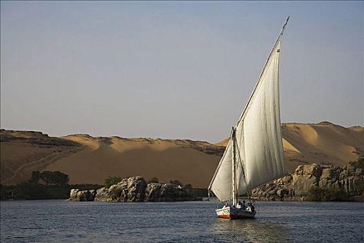 三桅帆船,帆,尼罗河,阿斯旺,沙漠,伸展,后面