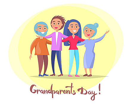 祖父母,白天,海报,老年,夫妻,孩子,成年,子女,乐趣,一起,矢量,插画,明信片,圆,白色背景