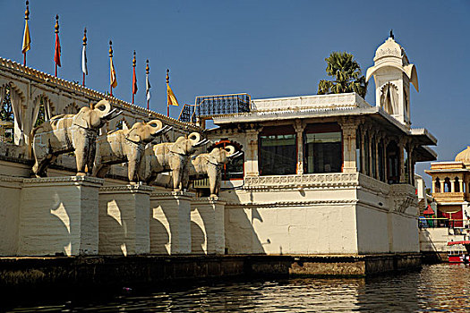排,大象,雕刻,宫殿,湖,皮丘拉,乌代浦尔,印度