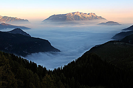 雾,上方,湖,山,贝希特斯加登地区,地区,上巴伐利亚,巴伐利亚,德国,欧洲