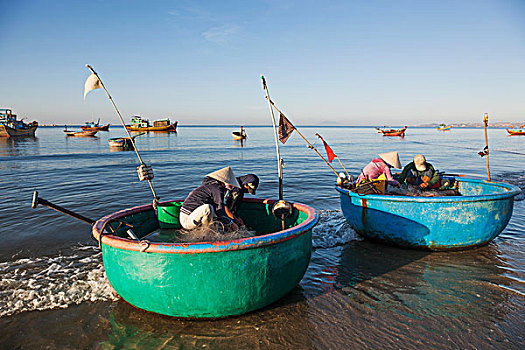 越南,美尼,海滩,渔民,渔船