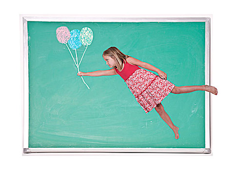 小女孩,漂浮,粉笔,气球