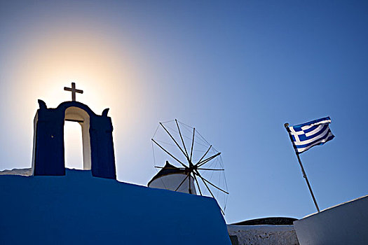 希腊,希腊群岛,爱琴海,基克拉迪群岛,圣托里尼岛,锡拉岛,教堂,风车,旗帜,乡村