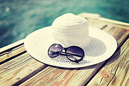 海滩,夏天,假期,配饰,概念,特写,帽子,墨镜,海边