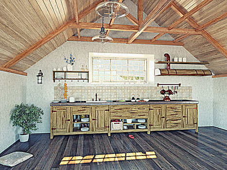 现代,厨房,室内,岛屿,阁楼,设计,概念