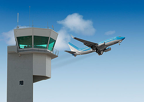 机场,塔,喷气式飞机,起飞,背景